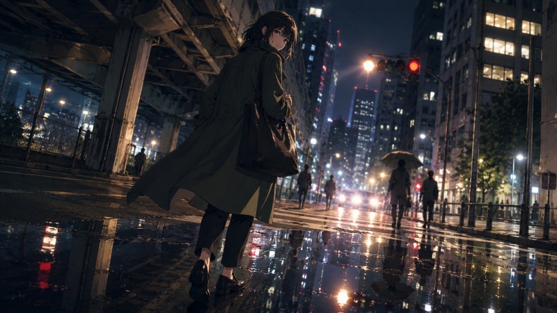 雨上がりの東京の高架下で、安定した事務職を続けるかクリエイティブ職へ転職するか悩む30歳女性が、不安げに夜の街を振り返る場面。