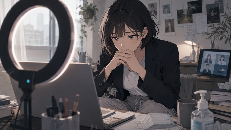 コロナ禍の自宅で、30歳女性がマスクや消毒液のある机に向かい、オンライン面接を前に緊張と不安を抱えながら準備する場面。