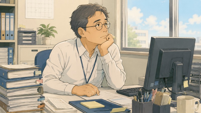 50代で製造業の中間管理職として働く丸眼鏡の男性が、書類やパソコンに囲まれたオフィスのデスクで物思いにふける様子。毎日同じ管理業務を続けながら、「もっと社会の役に立つ仕事がしたい」と将来に迷いを抱える転職前の心情を描いたイラスト。
