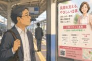 丸眼鏡の50代男性が駅のホームで介護職求人の広告ポスターに目を留め、住宅街を歩く同世代女性の明るい笑顔に心を動かされる転職のきっかけを描いたイラスト。