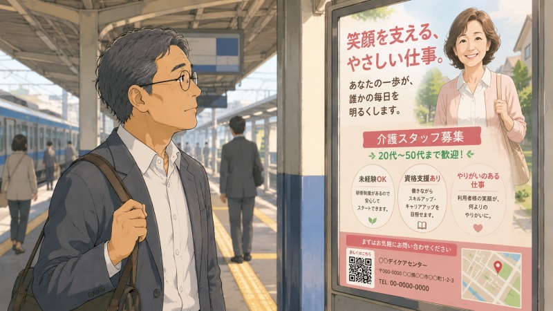 丸眼鏡の50代男性が駅のホームで介護職求人の広告ポスターに目を留め、住宅街を歩く同世代女性の明るい笑顔に心を動かされる転職のきっかけを描いたイラスト。