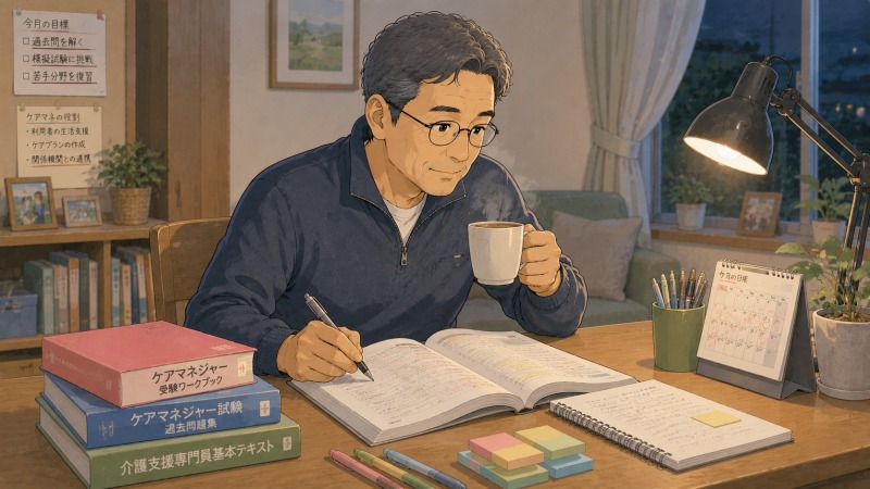 丸眼鏡の50代男性が自宅の机でコーヒーを飲みながら、ケアマネジャー資格取得に向けて参考書とノートを開き勉強している様子。介護職への転職後、将来の目標に向かって学び続ける前向きな姿を描いたイラスト。