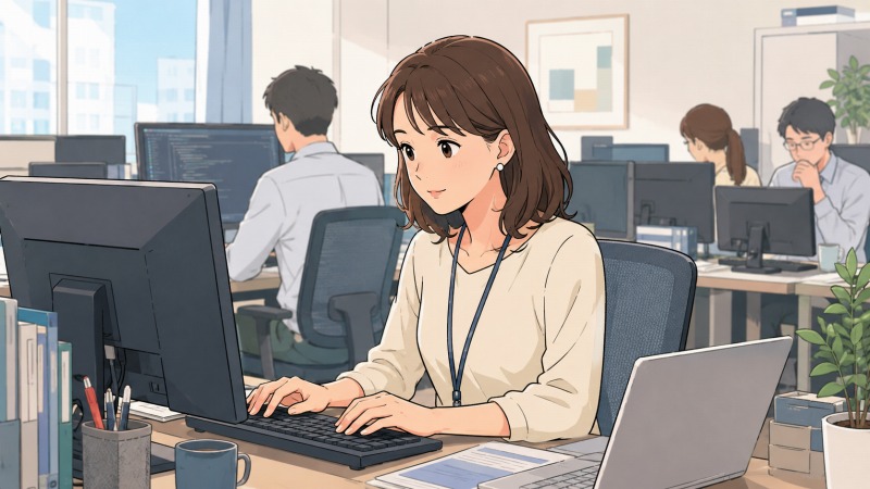 システム開発会社のオフィスで、46歳の女性SEがパソコンに向かって集中して作業している様子。周囲には同僚や複数のモニターが並び、長年IT業界で働いてきた転職前のキャリアを表すイラスト。