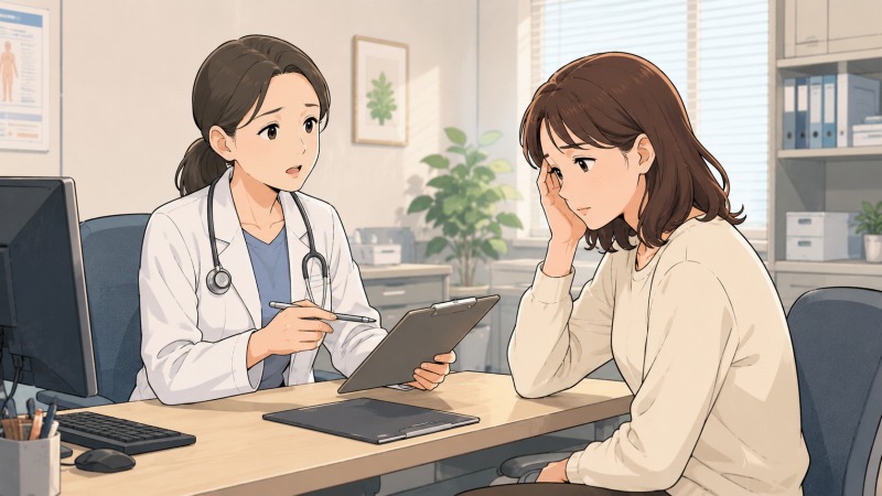 過重労働による体調不良で、40代女性SEが診察室で医師から入院を勧められている場面。疲れ切った表情で額に手を当てる女性と、心配そうに説明する医師が描かれ、激務と健康悪化が転職のきっかけになった状況を表しているイラスト。