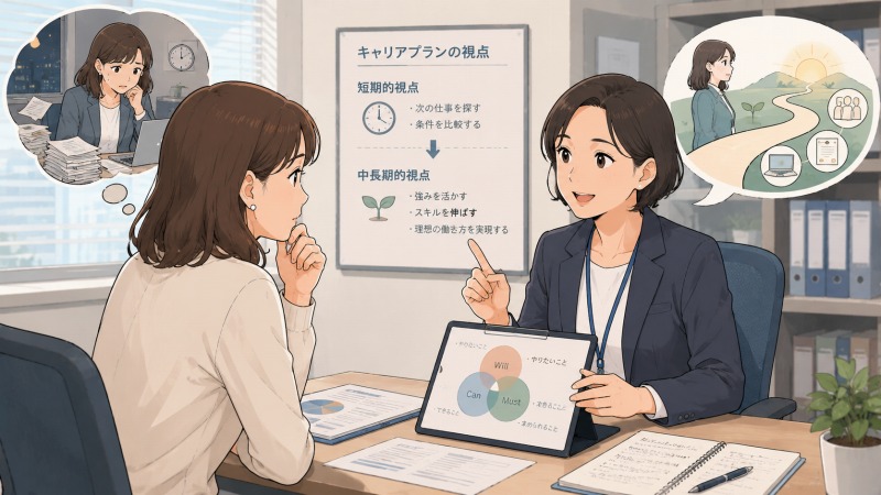 転職エージェントの相談室で、40代女性SEがキャリアコンサルタントから中長期のキャリアプランについて助言を受けている場面。次の職場を急ぐ不安から、将来の働き方やスキル形成を考える視点へ気づきを得る転職活動中のイラスト。