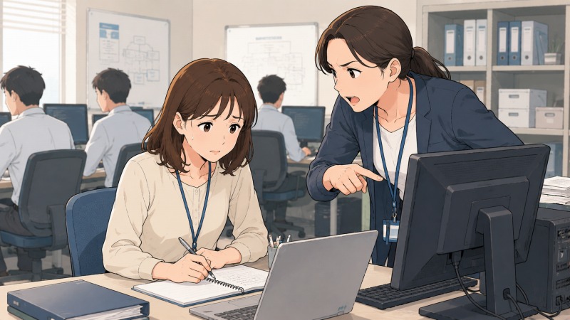 院内SEに転職した40代女性が、新しい職場で育成担当から厳しい指導を受けながら、必死に業務を覚えようとしている場面。病院システムに慣れず焦る表情の女性と、モニターを指して指導する担当者が描かれ、年上の新人として早く仕事をキャッチアップしようとする緊張感を表しているイラスト。