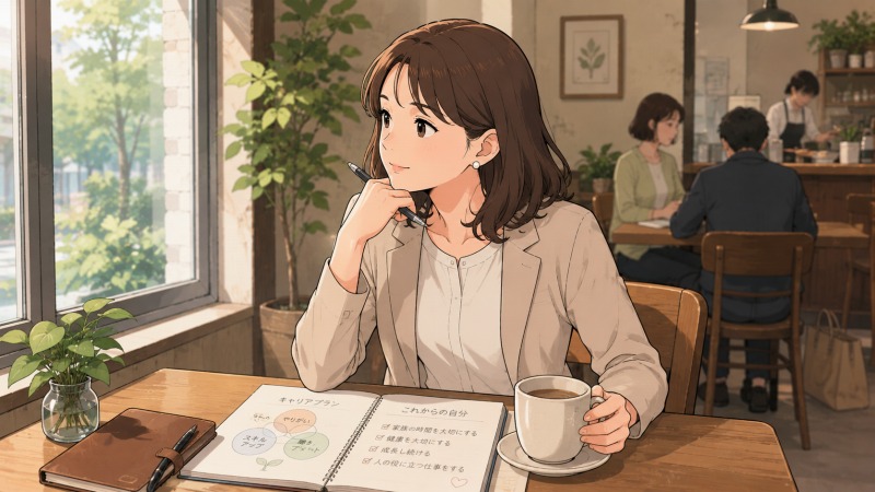 喫茶店の窓際で、40代女性がコーヒーを飲みながらノートに今後のキャリアプランを書き出している場面。転職を通じて人生に合わせた働き方や家族の時間を大切にする視点に気づき、穏やかに将来を見つめ直すリフレッシュタイムを描いたイラスト。
