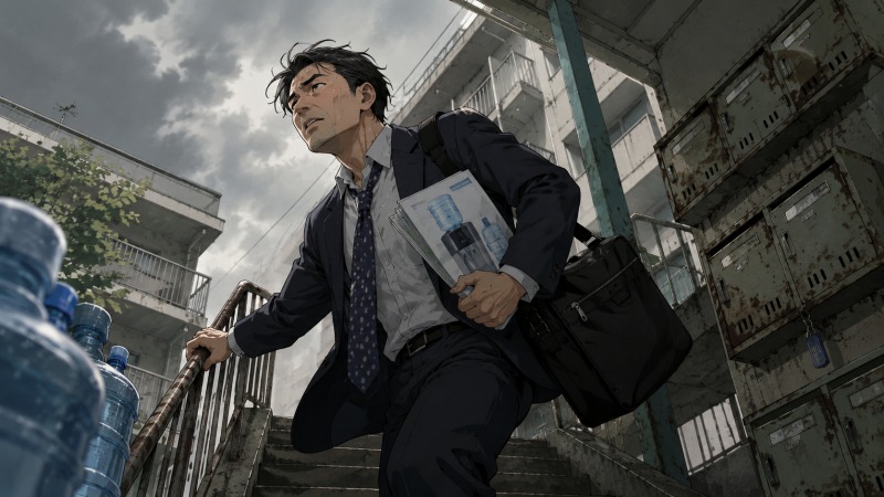 就職氷河期世代の40歳男性営業が、古い団地の階段を重い営業バッグとウォーターサーバー資料を抱えて登る様子を描いたイラスト。天然水の飛び込み営業としてノルマや精神的プレッシャーに追われ、消耗しながら働いていた転職前の日常を表現している。