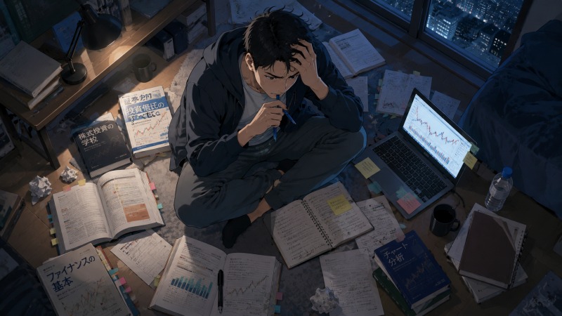 深夜のワンルームで、40歳男性が投資本や金融チャート、ノートに囲まれながら必死に勉強する様子を描いたイラスト。未経験から証券会社への転職を目指し、資産運用や株式投資を学ぼうと苦戦しながらも挑戦を続ける姿を表現している。