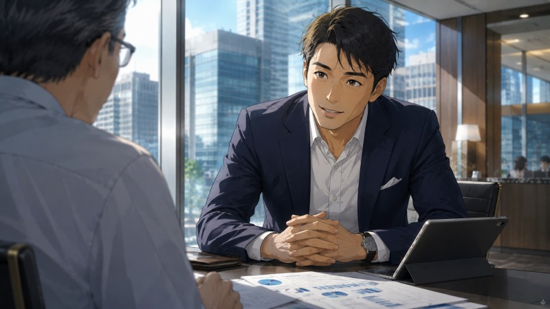 証券会社へ転職した40歳男性営業が、高層オフィスで顧客の話に真剣に耳を傾ける場面を描いたイラスト。ウォーターサーバー営業時代の押し売り型営業から変化し、顧客に寄り添った資産運用提案やヒアリング重視の営業スタイルを身につけた様子を表現している。