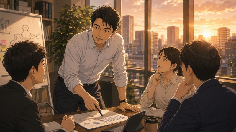 証券会社で管理職となった40歳男性が、夕方の会議室で若手社員と笑顔で対話しながら指導する様子を描いたイラスト。転職後に仕事への誇りや部下育成のやりがいを見出し、「儲けるため」ではなく人を育てることに価値を感じるようになった現在の姿を表現している。