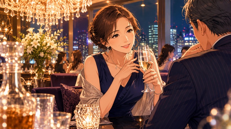 高級飲食店のラウンジでホステスとして働く40代女性。ネイビーのドレス姿で顧客との会話に笑顔で応じており、シャンデリアや夜景が広がる上質な空間の中で、長年培った接客スキルと仕事への誇りが伝わる。介護士へ転職する前のキャリアを象徴する場面。