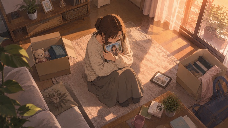 大学卒業後に独立した娘を見送った夜、自宅のリビングで写真を抱きしめながら一人涙を流す40代女性。夕暮れの光が差し込む静かな部屋には引っ越し後の荷物が残り、シングルマザーとして娘を育て上げた達成感と、介護職への転職を決意する人生の転機が描かれている。