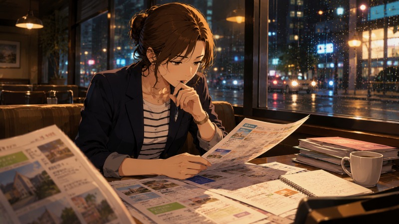 雨の降る夜のカフェで求人情報を真剣に読み込む40代女性。テーブルには介護職の求人誌やメモが広げられ、転職エージェントに頼らず自力で転職活動を進める様子が表現されている。未経験から介護士へのキャリアチェンジを目指す強い意志と冷静な判断力が伝わる場面。