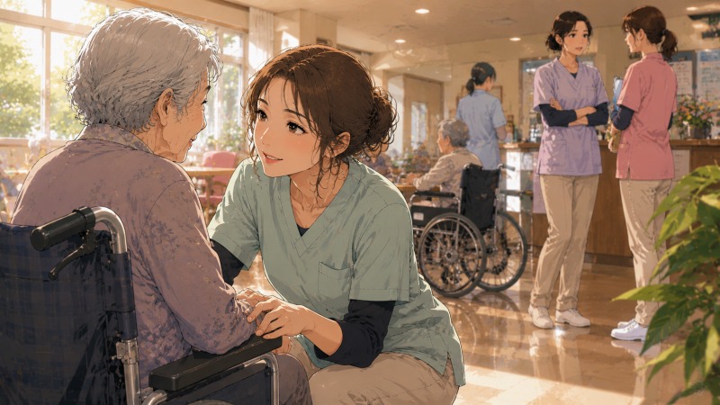 特別養護老人ホームで車椅子の高齢女性に目線を合わせながら寄り添う介護士の女性。明るい介護施設の中で利用者と丁寧に向き合う一方、背景には職員同士の緊張感も感じられ、未経験で介護業界へ転職した後の苦労や責任感、人を大切にする姿勢が表現されている。