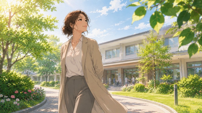 新緑に囲まれた介護施設の中庭を歩きながら空を見上げる40代女性。ホステスから介護士へ転職した経験を振り返り、人との関わりや仕事の尊さを学んだ成長の軌跡を象徴する場面。穏やかな表情からは、介護職としてさらに成長したいという前向きな思いが伝わる。