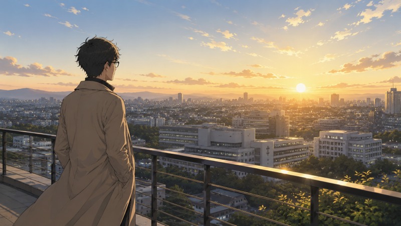 朝日が昇る街並みを見渡しながら、男性研究者が将来の目標について静かに考えている様子。転職や職場環境の変化を経験したことで精神的な健康の大切さを実感し、新しい治療技術の開発という夢の実現を目指して前向きに歩み続ける姿を描いたイラスト。