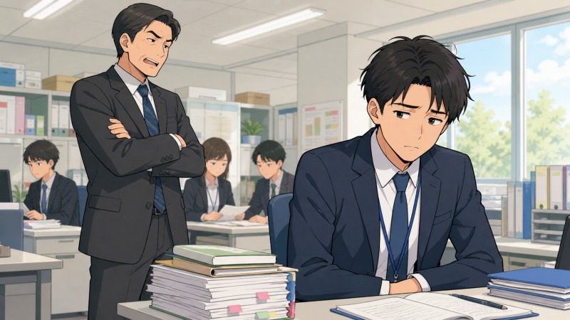 証券会社から大手学習塾へ転職した30代男性が、配属直後のオフィスで直属の上司から厳しい態度を向けられ、困惑しながらデスクに座っている転職体験談のイラスト。
