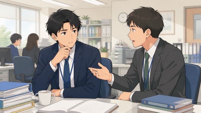 学習塾へ転職した30代男性が、同年代の社員から社内の悪しき慣習や人間関係の事情を聞かされ、オフィスのデスクで不安そうに耳を傾けている転職体験談のイラスト。
