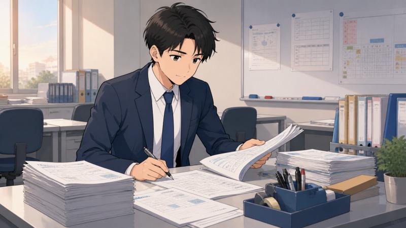 学習塾へ転職した30代男性が、誰よりも早く出社した静かな教室で、授業の練習や当日の配布物準備に集中し、穏やかで充実した表情を浮かべている転職体験談のイラスト。