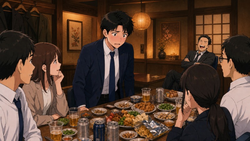 居酒屋の個室で行われた学習塾支社の打ち上げ中、転職した30代男性が知らされていなかった発表を求められて困惑し、離れた席の上司だけが笑っている職場ハラスメント体験談のイラスト。
