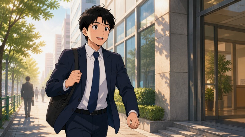 学習塾への転職後、30代男性が前向きな表情で朝の通勤路を歩き、自分の仕事に向き合う大切さを胸に元気に出社する転職体験談のイラスト。