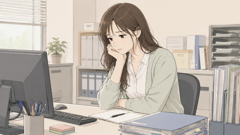 将来への不安を抱えながら事務職のパート勤務を続ける30代女性が、静かなオフィスでデスクに向かい物思いにふけっている様子。パソコンや書類に囲まれた職場で、転職や結婚、今後のキャリアに悩む繊細な心情が表現されたイラスト。