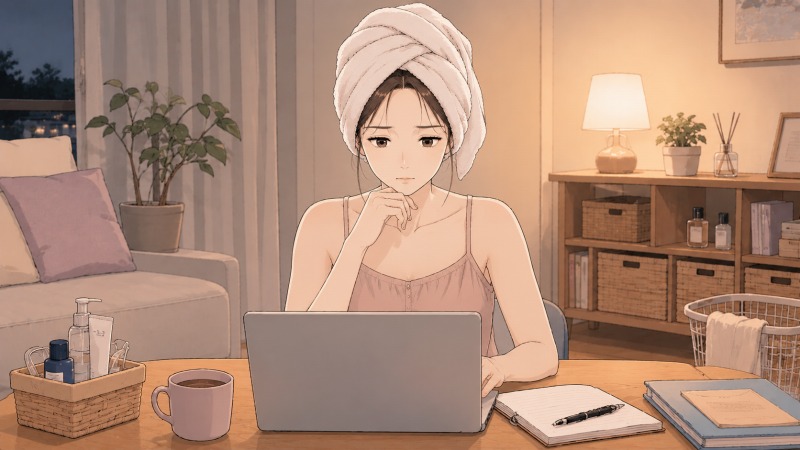 お風呂上がりの30代女性が、自宅のリビングでノートパソコンを使いながら行政の求人情報を真剣に調べている様子。湯上がりのラフな格好のまま、転職や将来への不安を抱えつつ、公務員の臨時職員への応募を検討している夜の情景を描いたイラスト。