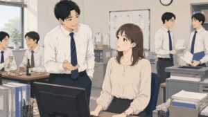 新設された公務員の事務所で、隣の市の男性職員から映画に誘われ戸惑う30代女性の様子。仕事中のオフィスで突然プライベートな誘いを受け、驚きと淡い期待が入り混じる瞬間を描いた転職後の人間関係のイラスト。