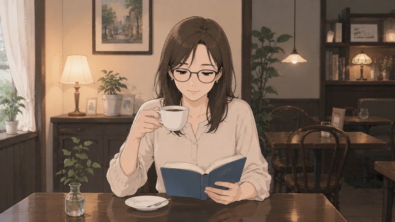 静かな喫茶店で、眼鏡をかけた30代女性が本を読みながらコーヒーを飲み、少し満足そうに微笑んでいる様子。転職後の不安が落ち着き、自分の時間を穏やかに楽しむ情景を描いたイラスト。