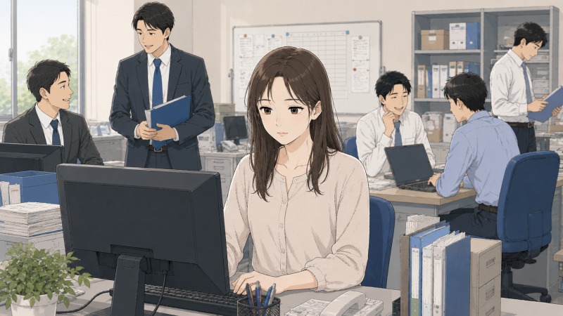 新設された公務員の事務所で、30代女性が男性職員5人に囲まれながら事務職として働き始めた様子。少人数の新しい職場で、期待と緊張を抱えつつパソコン作業に向き合う転職直後の情景を描いたイラスト。
