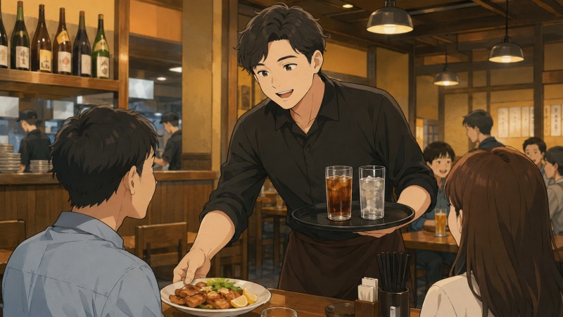 飲食チェーンの居酒屋でホールスタッフとして働く20代男性が、忙しい店内で料理とドリンクを運びながら接客している様子。週末の賑わう飲食店を背景に、サービス業として働く若手社員の日常と接客業の雰囲気が伝わるシーン。