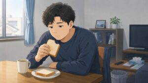 無職期間中の20代男性が、朝の静かな部屋で一人パンを食べながら物思いにふけっている様子。仕事を辞めた後の孤独感や「社会から必要とされていない」と感じる不安が漂う転職活動中のワンシーン。