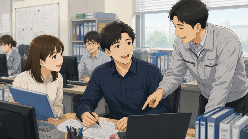 建設会社の事務職に転職した20代男性が、明るいオフィスで上司や同僚に質問し、笑顔で教えてもらっている様子。人間関係の良い職場で安心して働く転職後のワンシーン。