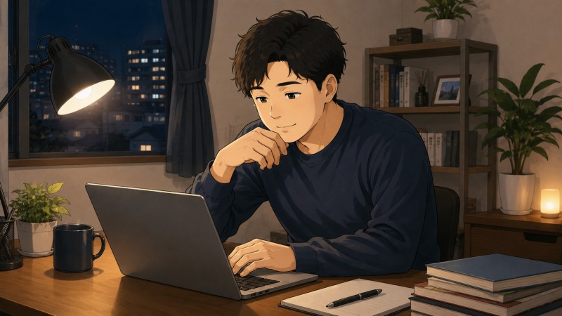転職後の生活に充足感を持つ20代男性が、夜の自宅でパソコンを使いながら複業を探している様子。落ち着いた部屋と穏やかな表情から、将来の収入やキャリアを前向きに考える姿が伝わる。