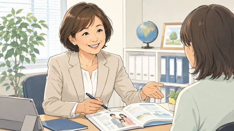 45歳で離婚後、生命保険会社の営業職「生保レディ」として再出発したアラフィフ女性が、明るいオフィスで顧客に保険商品を説明しているイラスト。ショートボブで愛嬌のある表情の女性が、資料を広げながら前向きに新しい仕事へ向き合う転職シーン。