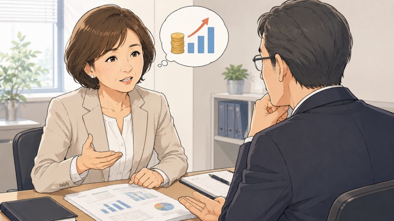 生命保険会社の1on1ミーティングで、アラフィフ女性の営業職が直属の上司に年収アップの希望を真剣に伝えているイラスト。評価や営業成績は良いのに給与が上がらず、保険営業としての成果を待遇に反映してほしいという不安と葛藤が表情に表れている。