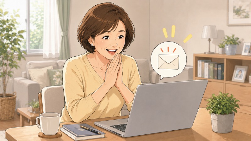 自宅の明るいリビングで、50代女性がノートPCに届いた採用通知メールを見て驚きと喜びを感じているイラスト。転職活動を続けた中高年女性が、保険営業職への再就職内定を受け取り、新しい職場への希望を抱く場面。