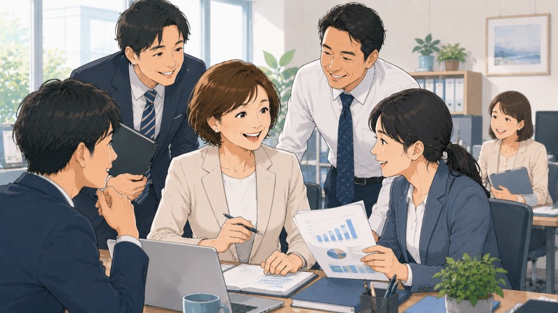 中小規模の生命保険会社の営業部で、50代女性の保険営業職が新しい同僚たちと資料を囲み、笑顔で意見を交わしているイラスト。前職とは異なるチームワークの良い職場で、仲間と一緒に仕事をやり遂げる喜びを感じながら再スタートする転職後の場面。