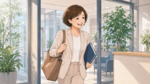 朝の明るいオフィス入口で、50代女性の保険営業職がバッグと資料ファイルを持ち、笑顔で元気に出勤しているイラスト。新しい職場に馴染むため、自分らしく前向きに働こうと決意し、転職後の生命保険会社で再スタートを切る場面。