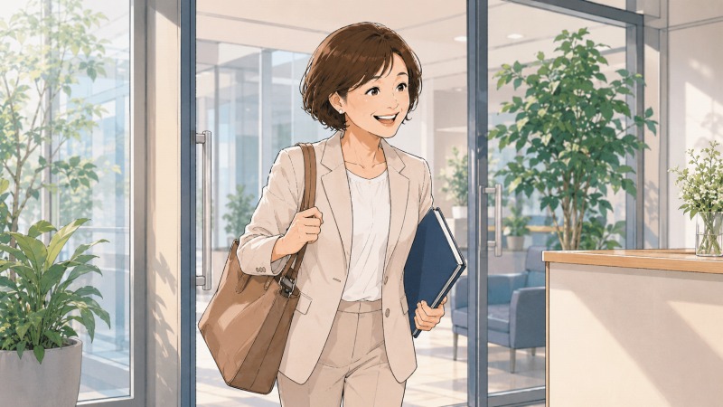 朝の明るいオフィス入口で、50代女性の保険営業職がバッグと資料ファイルを持ち、笑顔で元気に出勤しているイラスト。新しい職場に馴染むため、自分らしく前向きに働こうと決意し、転職後の生命保険会社で再スタートを切る場面。