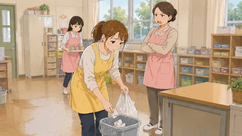 新人の保育士女性が、保育園の職場で掃除やゴミ捨て、電話対応、お茶出しなどを同時にこなしながら慌ただしく働いている場面。周囲には先輩保育士たちがいて、上下関係の厳しい職場環境の中で、召使いのように気を遣いながら働く若手保育士のストレスや人間関係の重圧が伝わるイラスト。