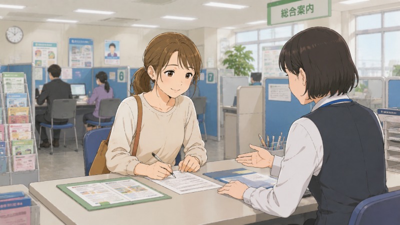 30代女性がハローワークの窓口で職員に相談しながら、求人票や応募書類に目を通している場面。未経験の一般事務への転職に不安を抱えつつも、「行動するしかない」と前向きに転職活動へ取り組む姿を描いたイラスト。官公庁系の落ち着いた相談スペースや求人情報が並ぶ空間が、再就職支援の現場らしい雰囲気を伝えている。