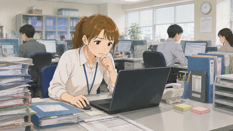 保育士から一般事務へ転職した30代女性が、新しい職場のデスクでパソコン操作に苦戦している場面。周囲の職員が業務システムで作業を進める中、未経験の事務職に戸惑いながらも仕事を覚えようとする姿を描いたイラスト。