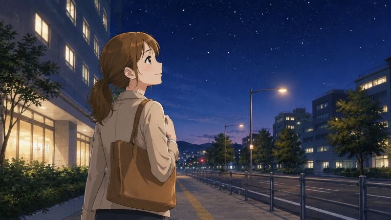 一般事務へ転職した30代女性が、仕事帰りの夜道で立ち止まり、静かな星空を見上げている場面。前職では余裕のなかった働き方から、ワークライフバランスを取り戻し、心にゆとりが生まれた様子を描いたイラスト。