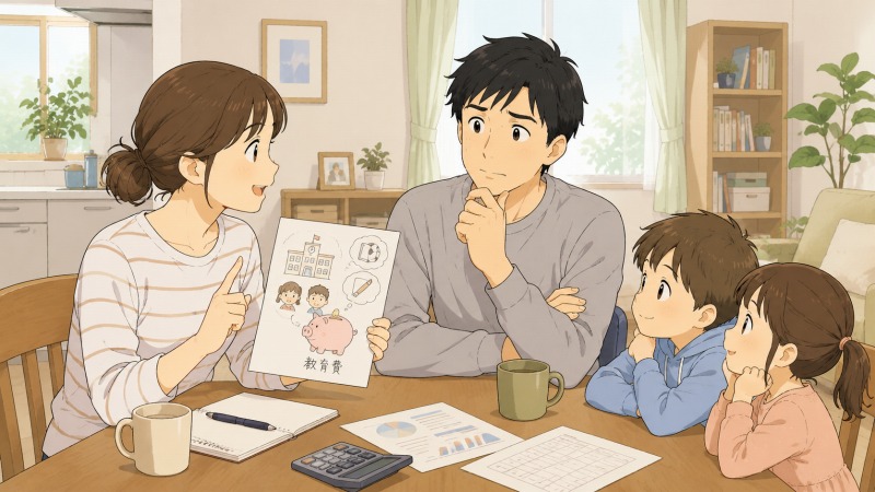 40代の母親が自宅の明るいダイニングで、子どもの教育費を貯めるために働く時間を増やしたいと夫へ相談し、夫が戸惑いながらも了承する様子を描いた、子育て家庭のワークライフバランスと転職のきっかけを表すイラスト。