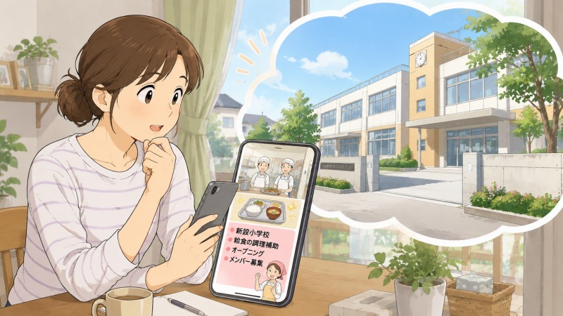 転職活動に疲れて働くことを諦めかけていた40代女性が、自宅でスマートフォンを見ながら近所の新設小学校の給食調理補助求人を見つけ、明るい表情で応募を考える様子を描いたイラスト。