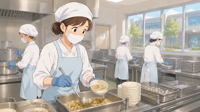 新設された小学校の清潔で明るい給食室で、40代女性が白衣と帽子、マスクを着用し、同僚と一緒に給食の盛り付けを始める様子を描いた、未経験から給食調理補助の仕事に転職したワーキングマザーのイラスト。