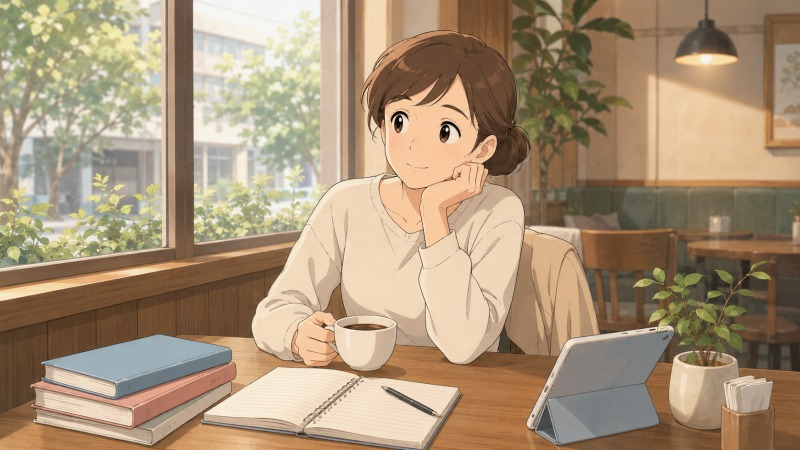 40代女性がカフェの窓際席でコーヒーを片手に一息つきながら、資格取得に向けた教材やノート、タブレットを前に将来の働き方を考えている様子を描いた、子育て後のキャリアアップと転職準備を表すイラスト。
