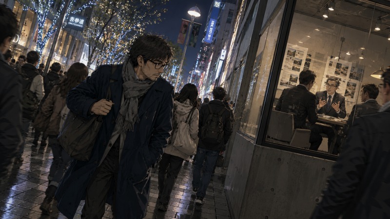東京・表参道の混雑した街並みの中を歩く40代男性デザイナー。観光客や人波に囲まれながら通勤し、ガラス越しには社長とクライアントによる打ち合わせが見える。デザイナー自身は顧客との商談に参加できず、ワンマン経営や非効率な仕事の進め方に違和感を抱き、転職を決意するきっかけとなった閉塞感やキャリアの悩みを描いたシーン。